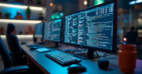 Computador na mesa exibindo duas telas lado a lado com software de gestão de conhecimento, contraste entre sistema vertical e