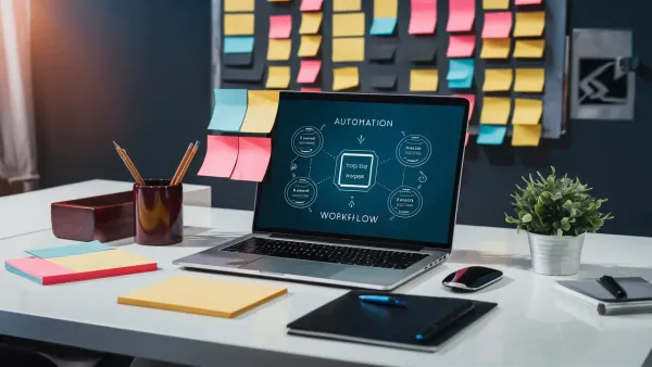 Computador portátil em mesa de escritório com diagrama de automação e notas adesivas coloridas organizadas.