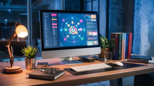 Computador com interface de aplicativo colorida em mesa de madeira, cercado por livros de codificação e planta.