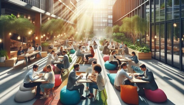 Pessoas de diferentes profissões utilizando laptops em um escritório moderno, simbolizando a democratização da inovação atrav