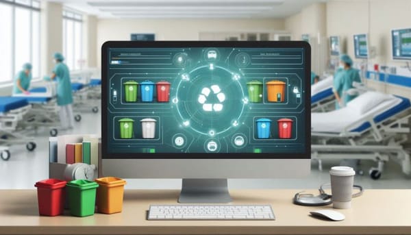 Interface de sistema de gestão de resíduos hospitalares em uma tela de computador com lixeiras coloridas e cenário hospitalar
