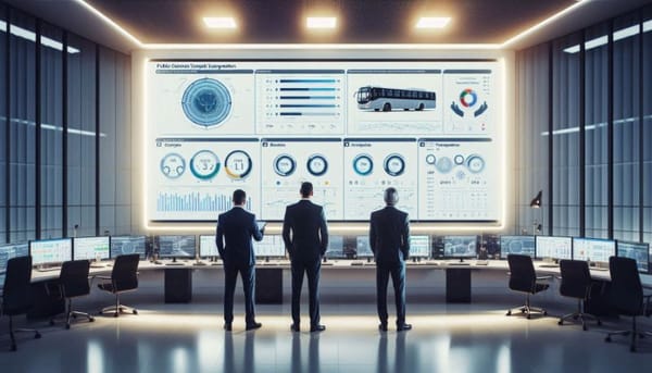 Passageiros em um ônibus no Brasil usando smartphones e um motorista monitorando uma interface de Bubble.io em um tablet fixa