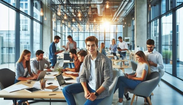 ambiente de várias startups com jovens empreendedores entusiasmados com os produtos inovadores que estão criando. a atmosfera