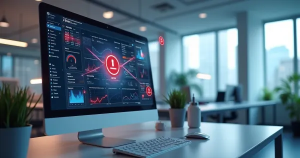 Tela de computador mostrando dashboard de CRM no-code com erros destacados em vermelho e gráficos de diagnóstico ao redor