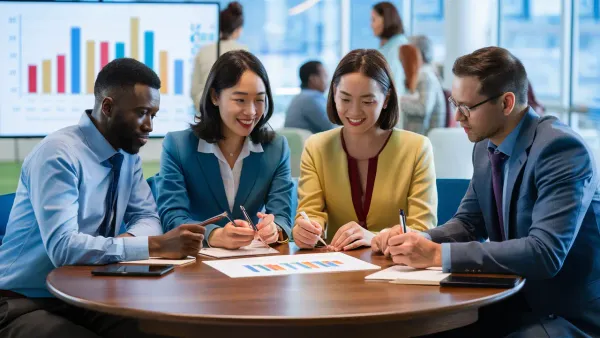 Profissionais de negócios discutem gráfico de barras em tela digital em ambiente de escritório moderno.