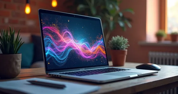 Mesa de escritório com laptop aberto mostrando fluxos de processos digitais, anotações e gráficos coloridos ao lado, ambiente