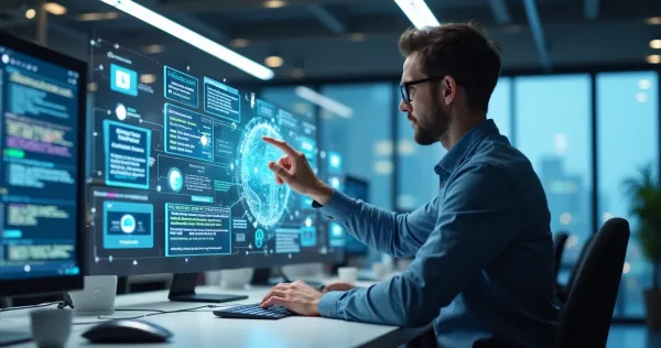 Engenheiro trabalhando com interfaces digitais no-code em ambiente tecnológico moderno