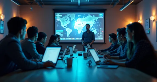 Equipe diversa reunida em sala moderna usando laptops e tablets durante treinamento tecnológico