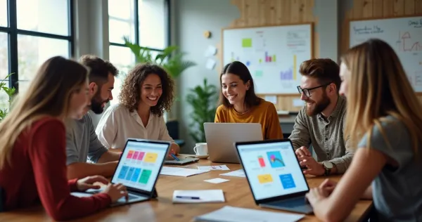 Equipe diversa em escritório moderno utilizando plataformas no-code em computadores e tablets