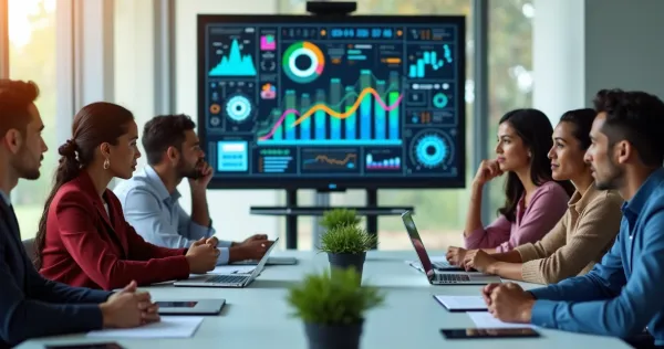 Equipe corporativa com expressão resistente diante de uma tela digital com gráficos de inovação e tecnologia