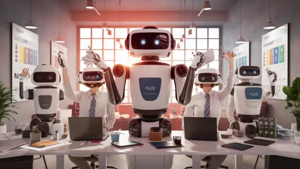 Equipe de robôs em escritório moderno com laptops prateados e gráficos de vendas coloridos nas paredes.