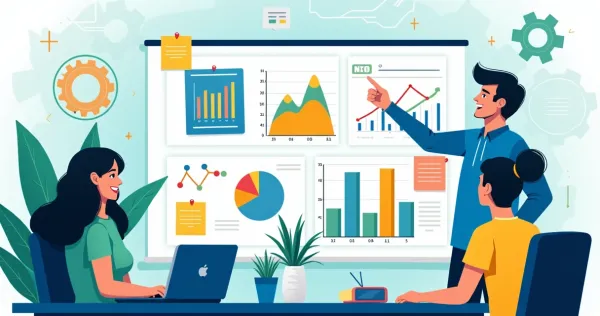 Ilustração de um escritório digital com profissionais colaborando em ferramentas no-code.