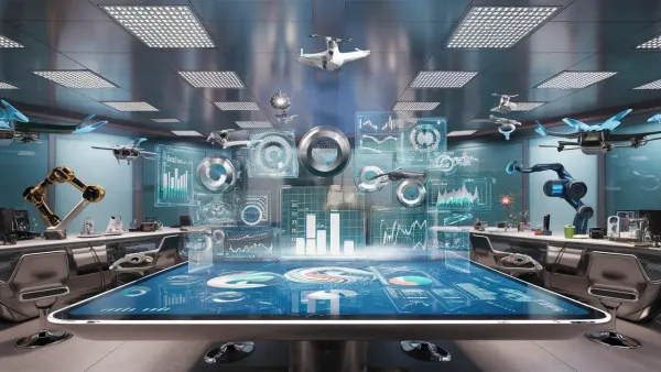 Ambiente de escritório futurista com mesa de tela sensível ao toque exibindo hologramas 3D de gráficos.