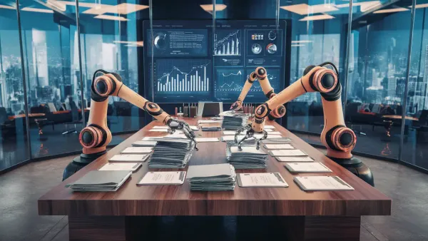 Espaço de escritório futurista com braços robóticos organizando documentos em uma grande mesa de madeira.