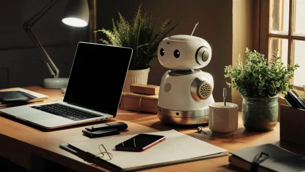 Mesa de escritório com laptop prateado, smartphone preto, robô branco e vasos de plantas verdes.
