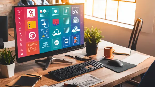 Espaço de trabalho moderno com tela de computador mostrando interface colorida de aplicativos no-code, com acessórios de escr
