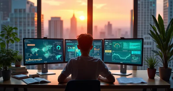 Espaço de trabalho moderno com vários monitores mostrando ferramentas de automação de IA e um pôr do sol ao fundo.