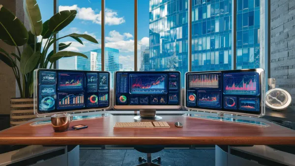 Espaço de trabalho futurista com mesa de madeira e telas transparentes exibindo gráficos vibrantes.