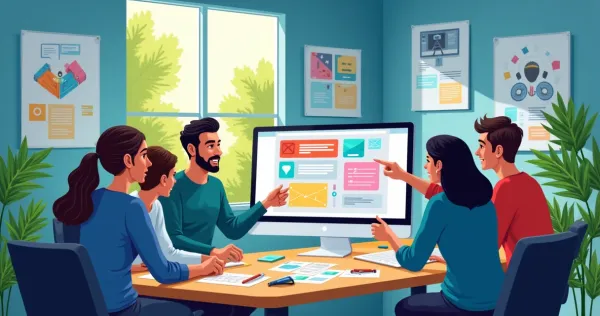 Espaço de trabalho moderno com pessoas criando aplicativos e vendidos cursos online, luz natural e decoração inspiradora.