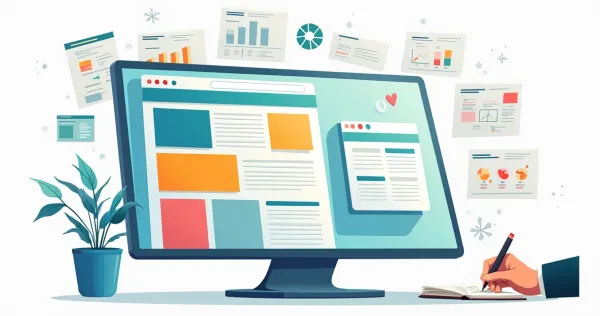 Ilustração de estrutura de site eficiente com layout destacado e diagramas de design de fundo.