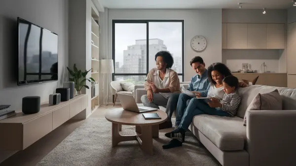 Família em sala de estar moderna interagindo com TV, laptop, alto-falante inteligente e tablet, vista da cidade ao fundo.