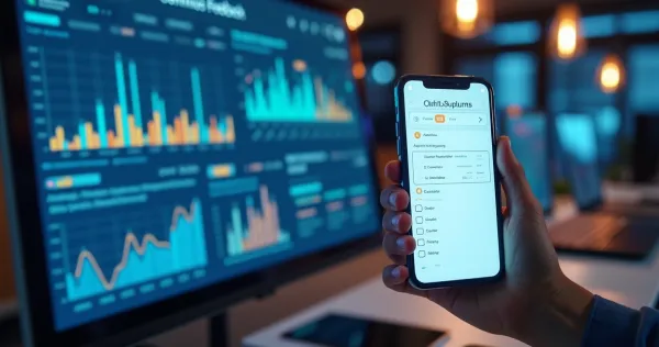 Tela dividida mostrando em um lado uma interface digital com gráficos de feedback contínuo e no outro pesquisas pontuais em u