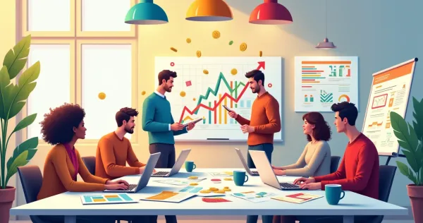 Ilustração de um escritório com fundadores de startup gerenciando fluxo de caixa, cercados por documentos e gráficos.