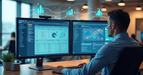 Visão comparativa de gerente utilizando diferentes telas de aplicativos de gestão de tarefas e comunicação no escritório mode
