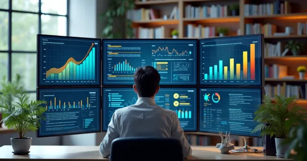 Gestor em escritório moderno analisando várias telas com gráficos e dados técnicos sobre plataformas no-code
