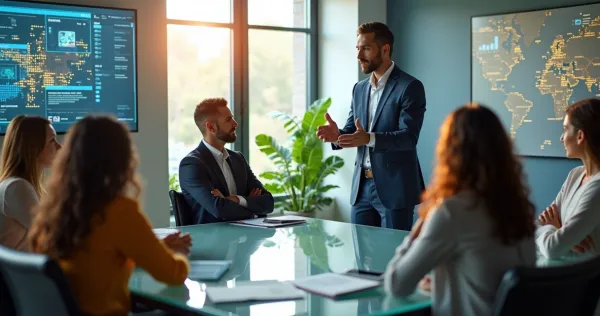 Gestor explicando inovação para equipe em ambiente corporativo moderno e colorido