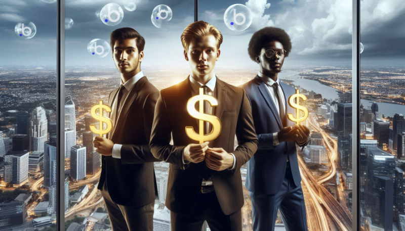 Três jovens empreendedores que criaram startups de sucesso, segurando símbolos de dólar dourados em um escritório moderno com