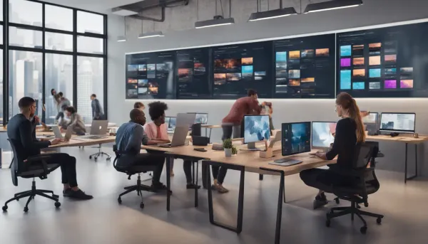 Equipe de profissionais diversos trabalhando colaborativamente em laptops e tablets em um escritório moderno com telas grande