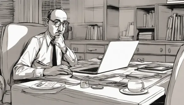 Operador está de frente para uma mesa de escritório desorganizada com laptop exibindo planilha complexa, cara de cansado, fru