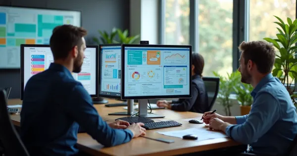 Equipe analisando implantação gradual de sistema no-code em escritório moderno com monitores exibindo gráficos e automações