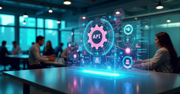 Representação visual da integração de APIs conectando sistemas empresariais com interfaces digitais e gráficos de automação