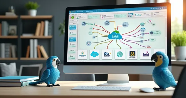Tela de computador mostrando integração entre plataformas no-code e ERP com gráficos e fluxos de dados conectando sistemas di