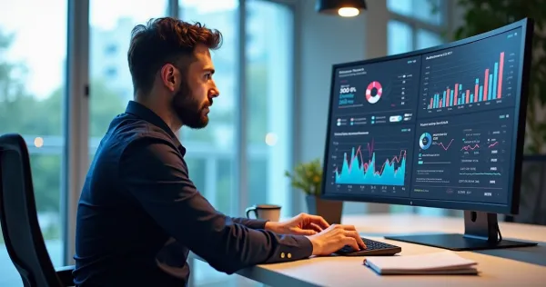 Profissional analisando gráficos de retorno sobre investimento em projetos no-code em tela de computador moderno