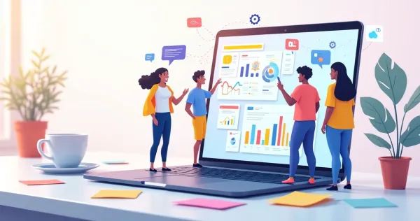 Design de layout de um site SaaS com colaboração em equipe e métricas de produtividade na tela do notebook.