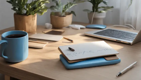 Mesa de escritório organizada com laptop, blocos de notas, caneta azul, xícara de café e planta em vaso cerâmico.