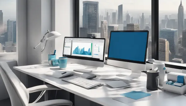 Computador moderno em mesa de escritório com sistema ERP na tela, itens de escritório organizados e janela com vista para cid