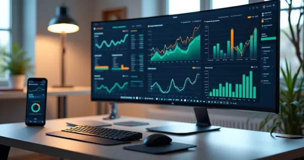 Painel digital com gráficos e métricas de desempenho de soluções no-code em tela de computador moderno