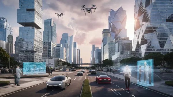 Paisagem futurista do Rio de Janeiro com arranha-céus de vidro e metal, drones e carros autônomos.