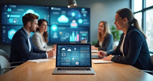 Mesa de trabalho com laptop exibindo gráficos de colaboração, várias telas mostrando aplicativos de equipe, e pessoas discuti