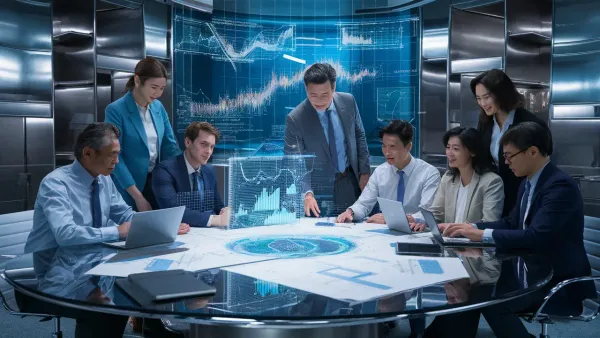 Profissionais em escritório moderno colaboram ao redor de mesa de vidro com hologramas e gráficos 3D.