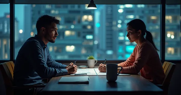 Protótipo funcional no computador com tela de sistema no-code, equipe discutindo resultados em ambiente moderno de escritório