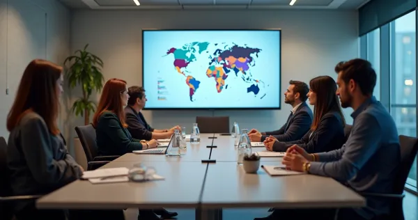 Equipe de negócios discutindo gráficos e dados de inovação numa sala moderna