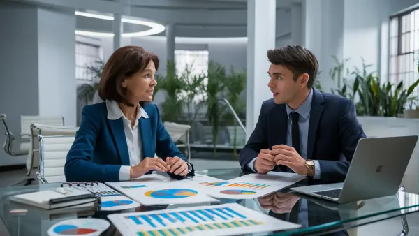 Mulher de negócios e homem discutem ao redor de uma mesa de vidro com gráficos coloridos e um laptop em um escritório moderno