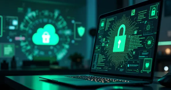 Tela de computador mostrando código de segurança em app no-code com cadeado digital e gráficos digitais ao fundo