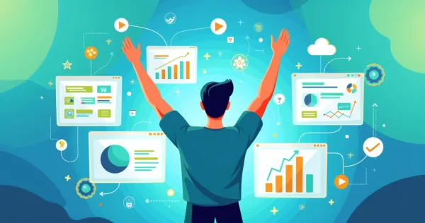Ilustração colorida de um profissional jovem celebrando diante de telas digitais com símbolos de no-code e gráficos ascendent