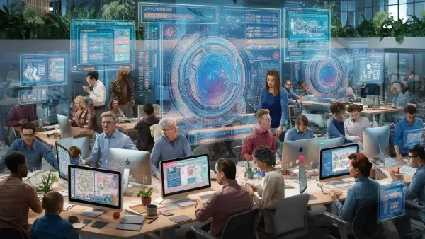 Pessoas diversas trabalhando em computadores e tablets em um escritório moderno com telas holográficas de software sem código